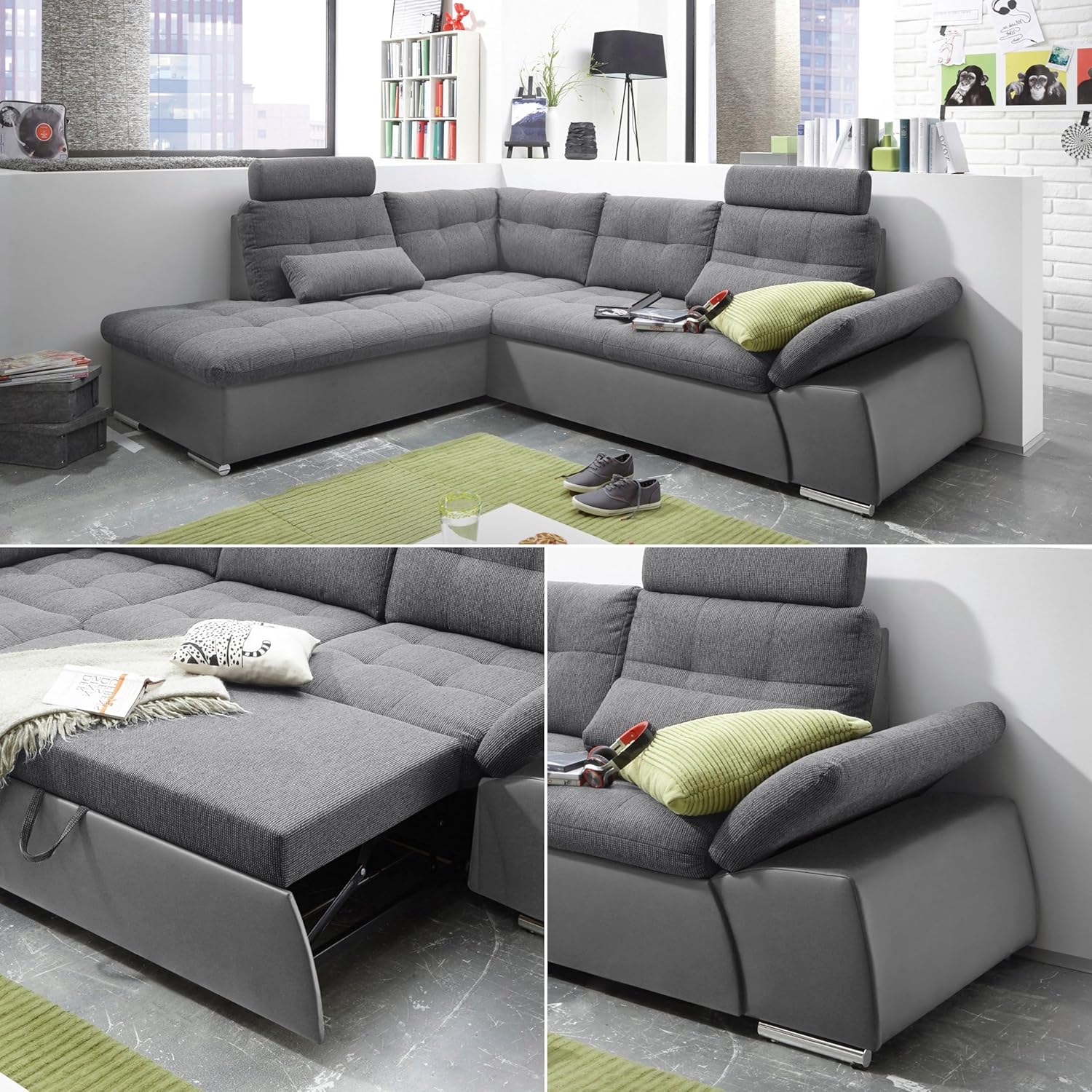 JAKARTA Ecksofa mit Schlaffunktion in Lederoptik, Dunkelgrau / Anthrazit - Moderne Eckcouch in L-Form mit verstellbaren Armlehnen - 260 x 103 x 219 cm (B/H/T)