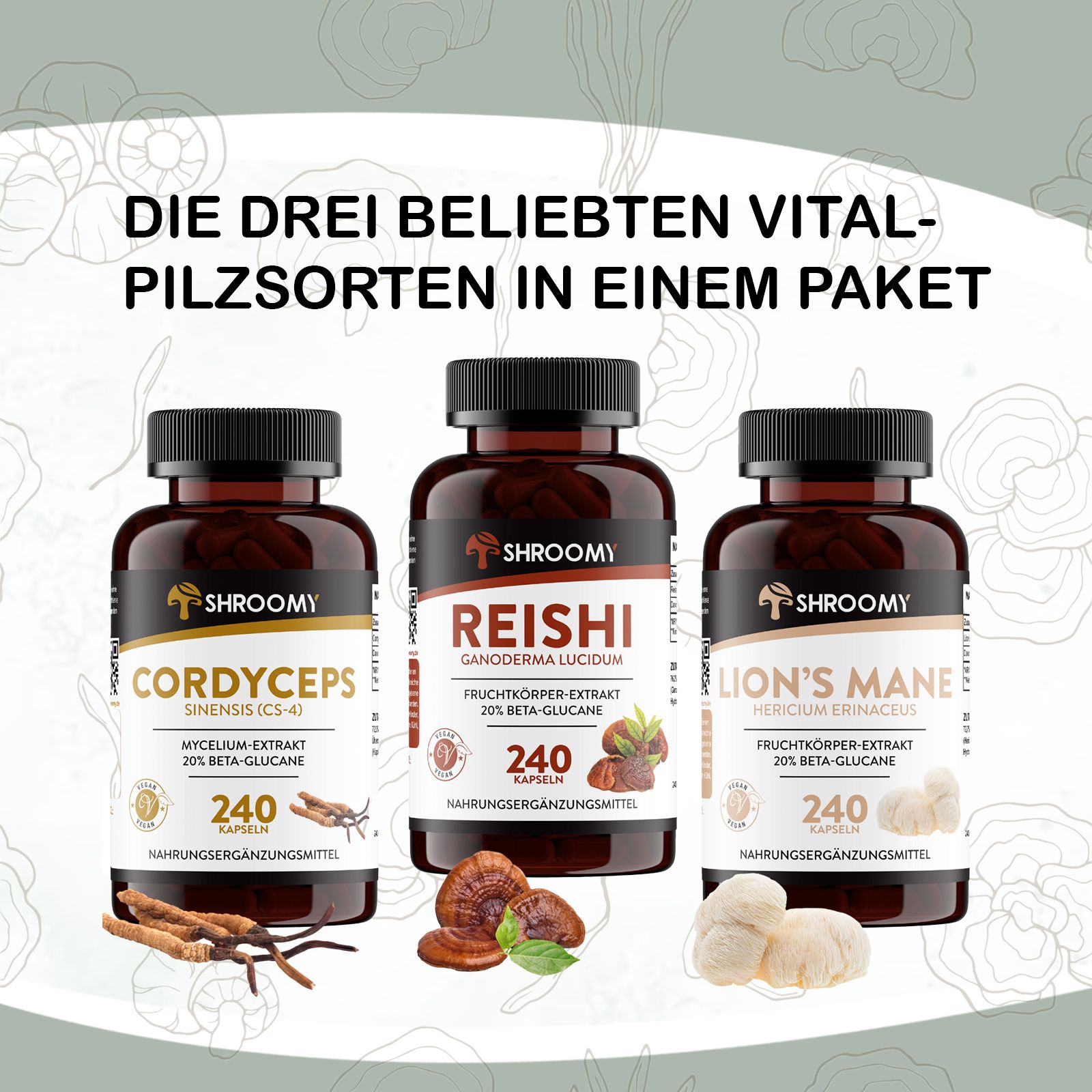 SHROOMY Lions Mane, Cordyceps und Reishi Extrakt Kapseln im Set