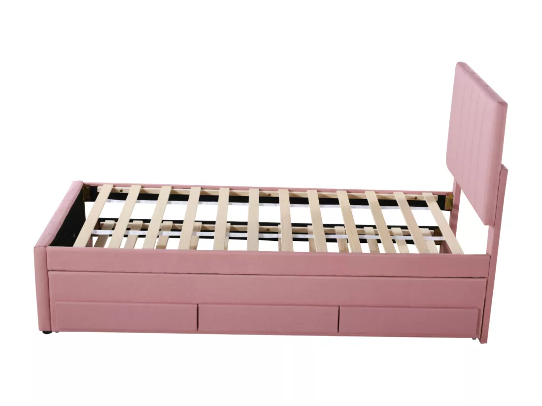 Lit gigogne 90x200cm+90x190cm, lit à roulettes avec 3 tiroirs, lit capitonné en lin, pour enfant et jeune, rose