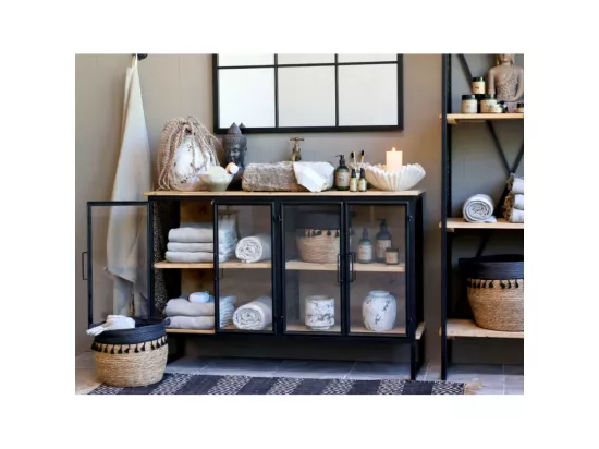 Buffet 4 portes en bois de sapin marron et fer noir 121 x 38 x 80 cm