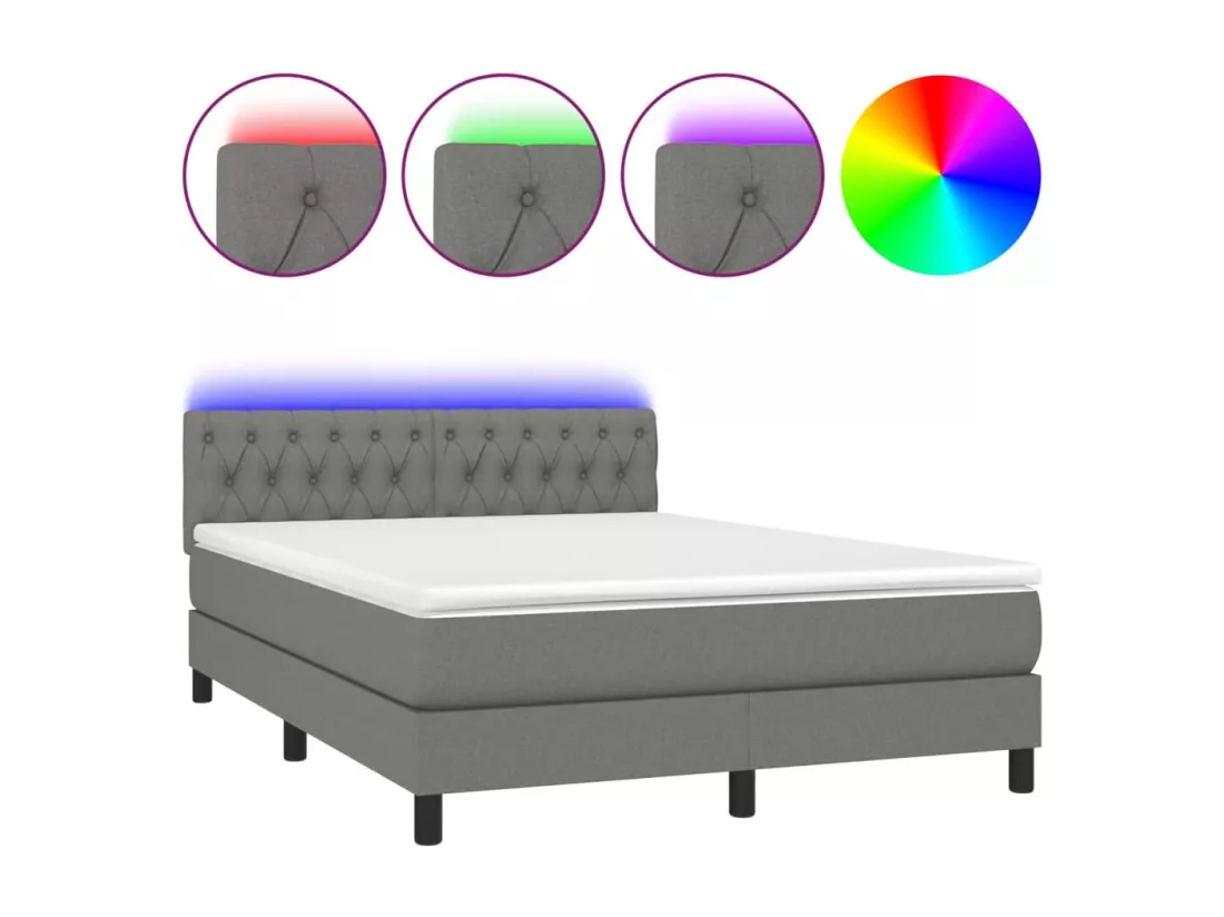 Sommier tapissier et matelas et LED Gris foncé 140x190 cm Tissu