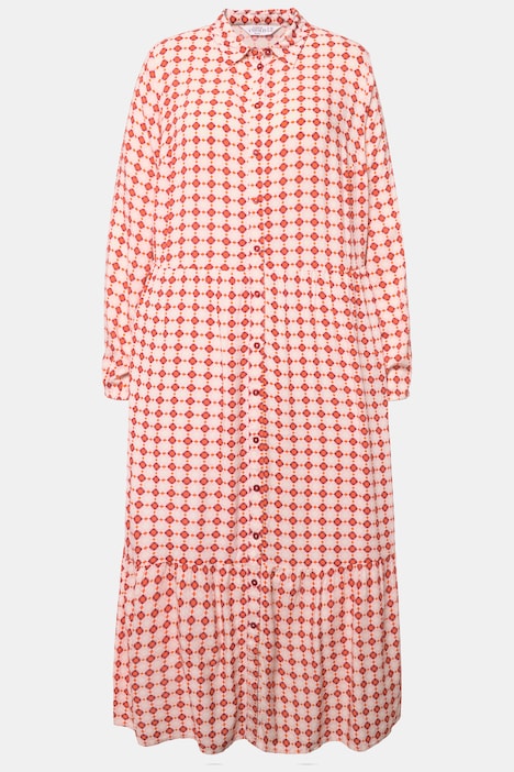 Maxikleid, A-Line, Krawattenprint, Hemdkragen, Langarm