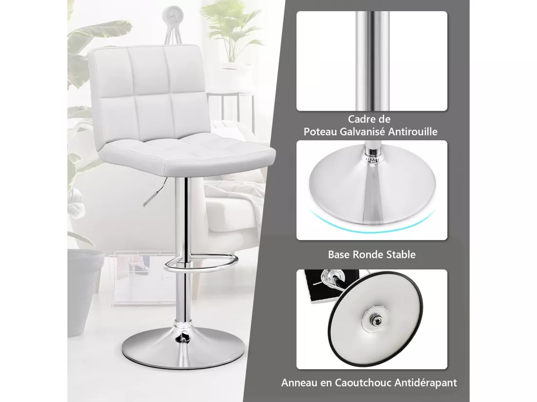 Tabouret de bar, pivotante, hauteur réglable 65-85 cm, repose-pieds,avec dossier (Blanc,1)