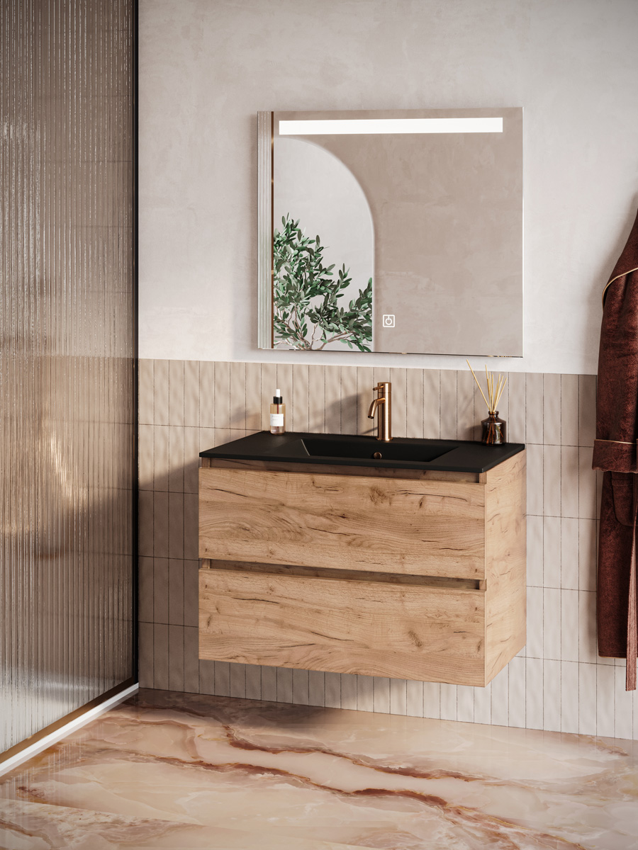 Fontana Rovigo badmeubel 80cm warm eiken met zwarte wastafel met kraangat en spiegel met verlichting