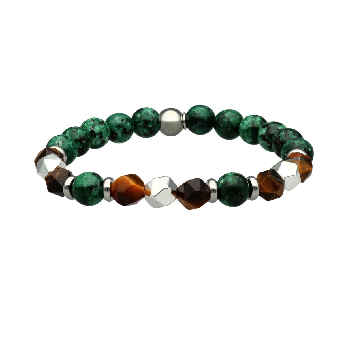 Bracelet Perles Rondes Pierres Naturelles Hématite Sésame Vert Et Oeil De Tigre-Medium-18cm