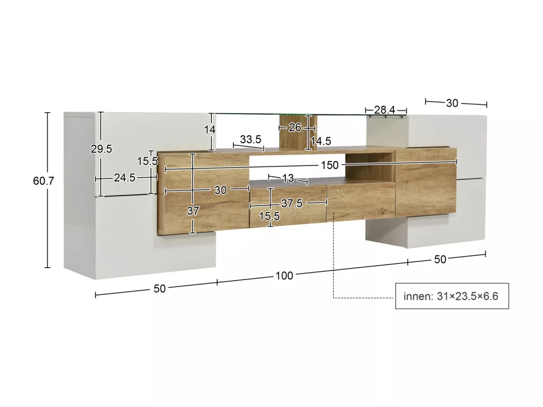 Meuble TV - 200x38x48cm LED brillant blanc et gris - finition verre - 6 portes de rangement 2 tiroirs 3 compartiments - coloris
