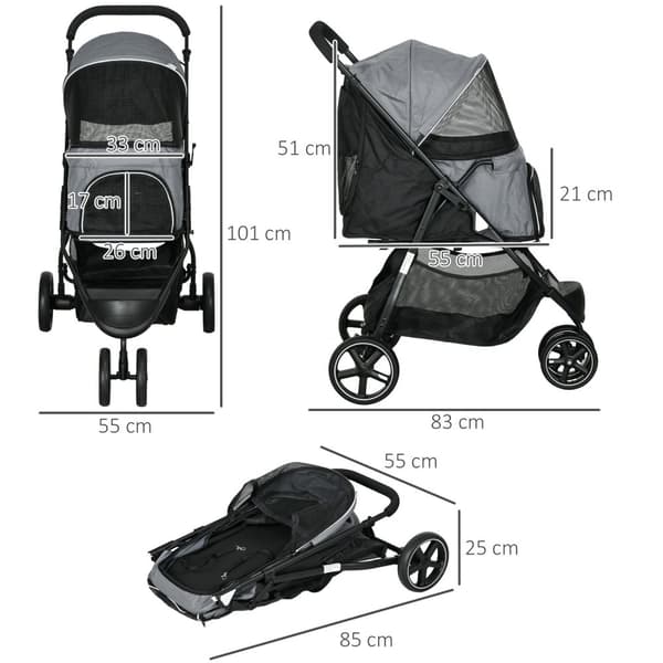 Pet Buggy Regntrekk Sikkerhetsbånd Oppbevaringskurv Sammenleggbar Små Hunder Oxford Grey