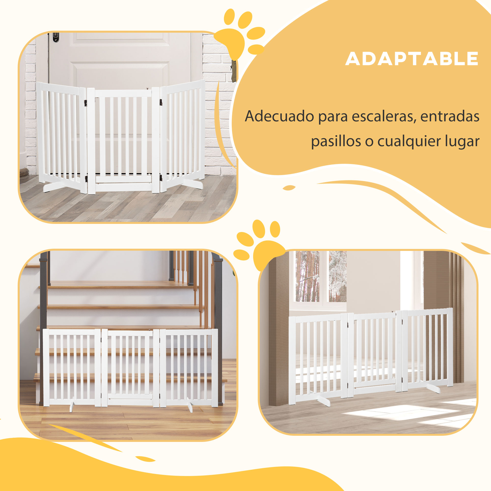 Portão de madeira para cães PawHut, cerca dobrável para animais de estimação com 3 painéis, 1 porta e pés de apoio para corredor ou escadas, 155 x 35,5 x 76 cm, branco