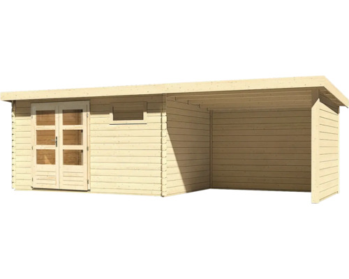 Blokhut Karibu Noorvik 8 met lessenaarsdak 3 m, achter- en zijwanden 704,5 x 333 cm naturel