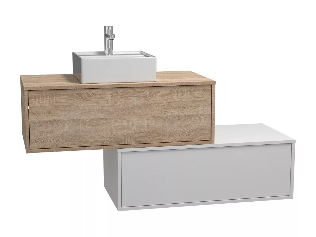 Meuble de salle de bain suspendu blanc et naturel clair avec simple vasque carrée et deux tiroirs - 94 cm - TEANA II