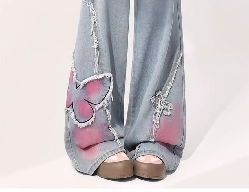 Vhancy - High Waist Washed Butterfly Wide Leg Jeans