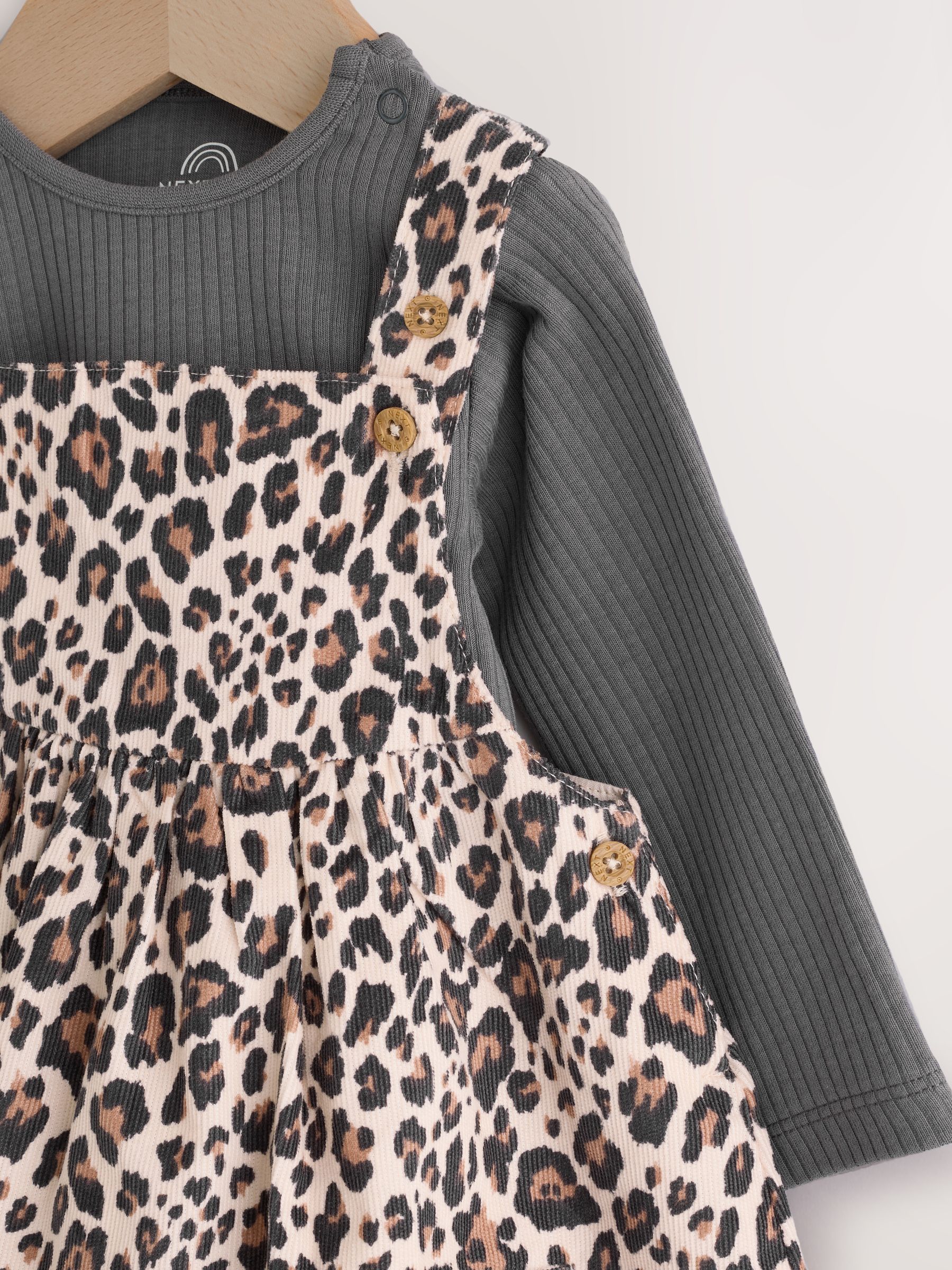 Antraciet met luipaardprint - Set van corduroy pinafore, bodysuit met lange mouwen en maillot voor baby's (0mnd-2jr)