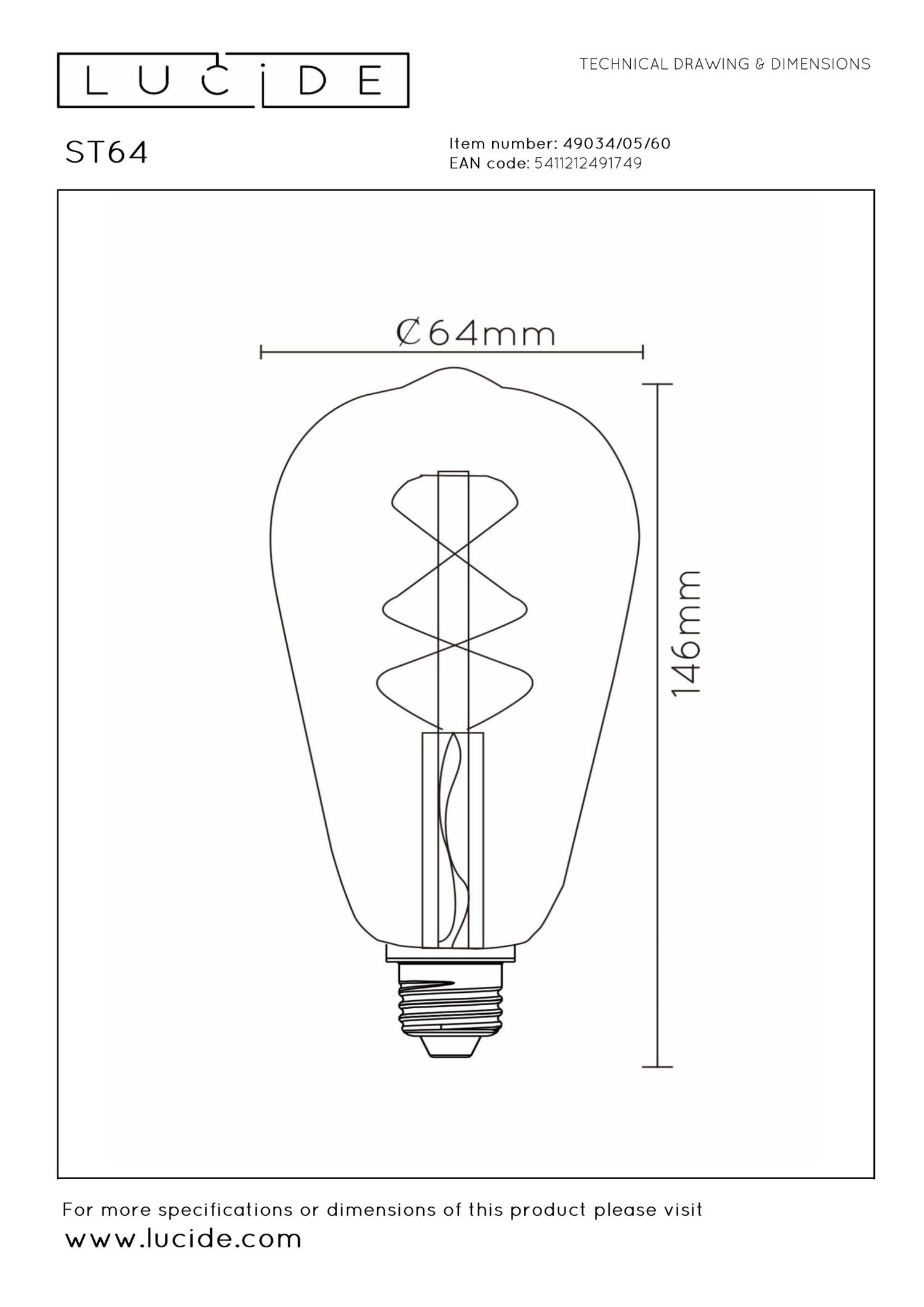 ST64 LED Filament lichtbron E27 5W 2700K transparant dimbaar