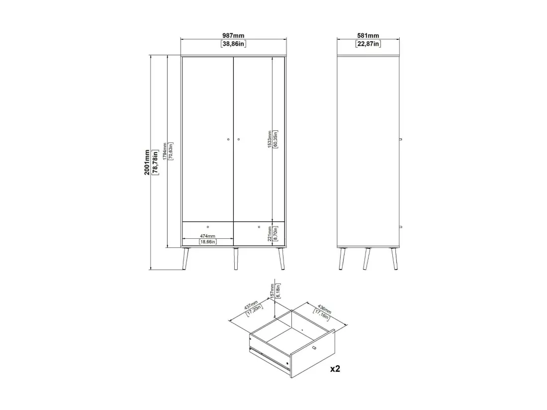 Garde-robe 2 portes Dscarp, Meubles de chambre, Penderie de plain-pied, Placard à vêtements, 99x58 h200 cm, Blanc