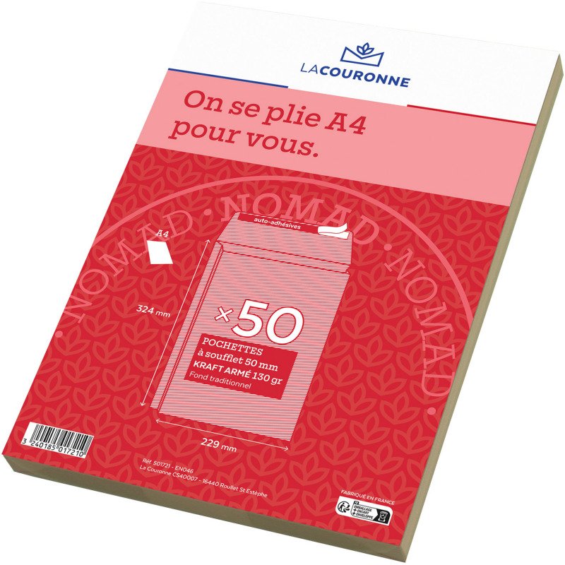 La Couronne - Pochette à soufflets 5 cm kraft brun armé 229 x 324 mm 130 g sans fenêtre - Paquet de 50
