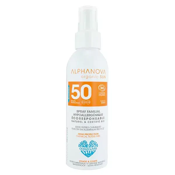 Protetor solar em spray Alphanova Sun Family FPS 50 orgânico 150ml