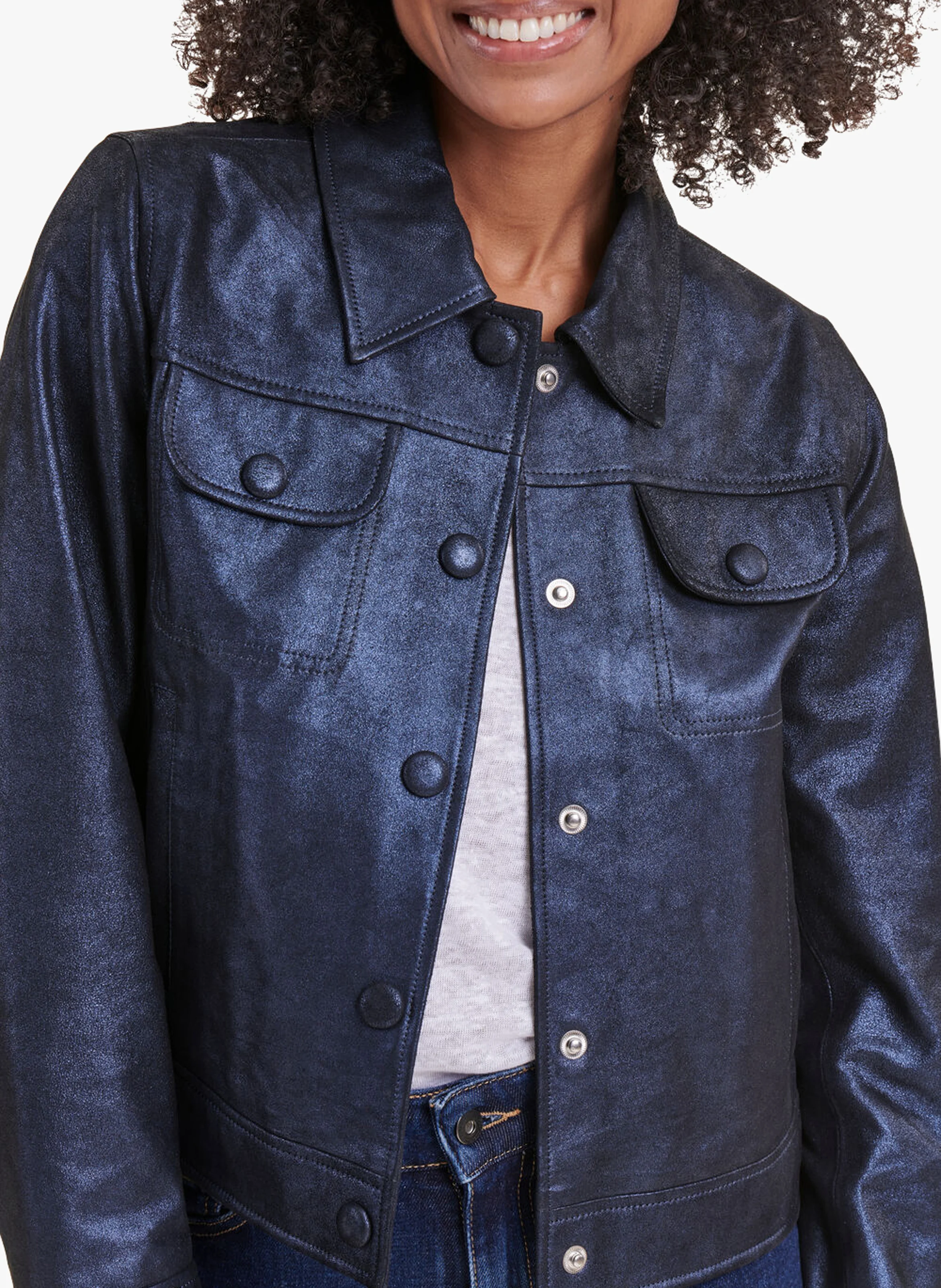 Veste col chemise en cuir| Bleu