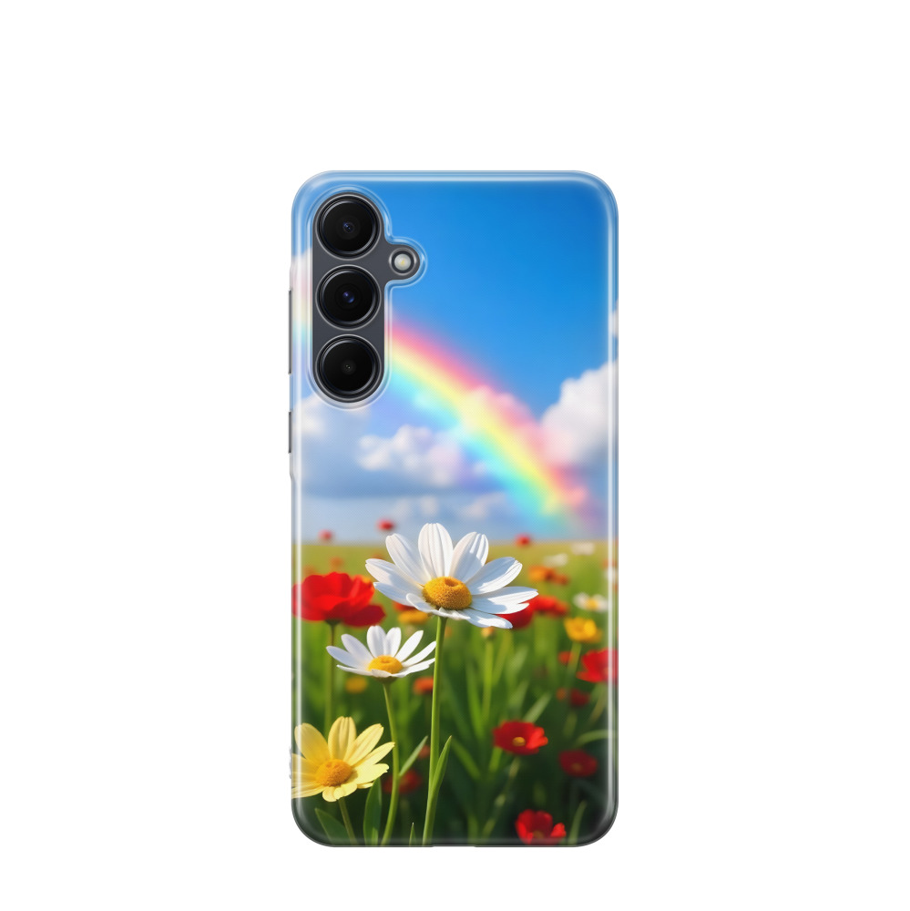 Samsung Galaxy A55 Gummi Hülle Gänseblümchen unter dem Regenbogen - Grün