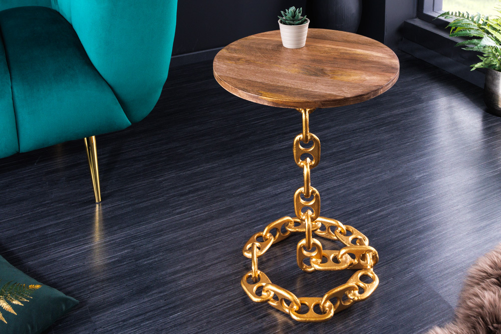 Design Beistelltisch CHAINS 55cm gold Mangoholz handmade Metall rund Kettengestell massiv