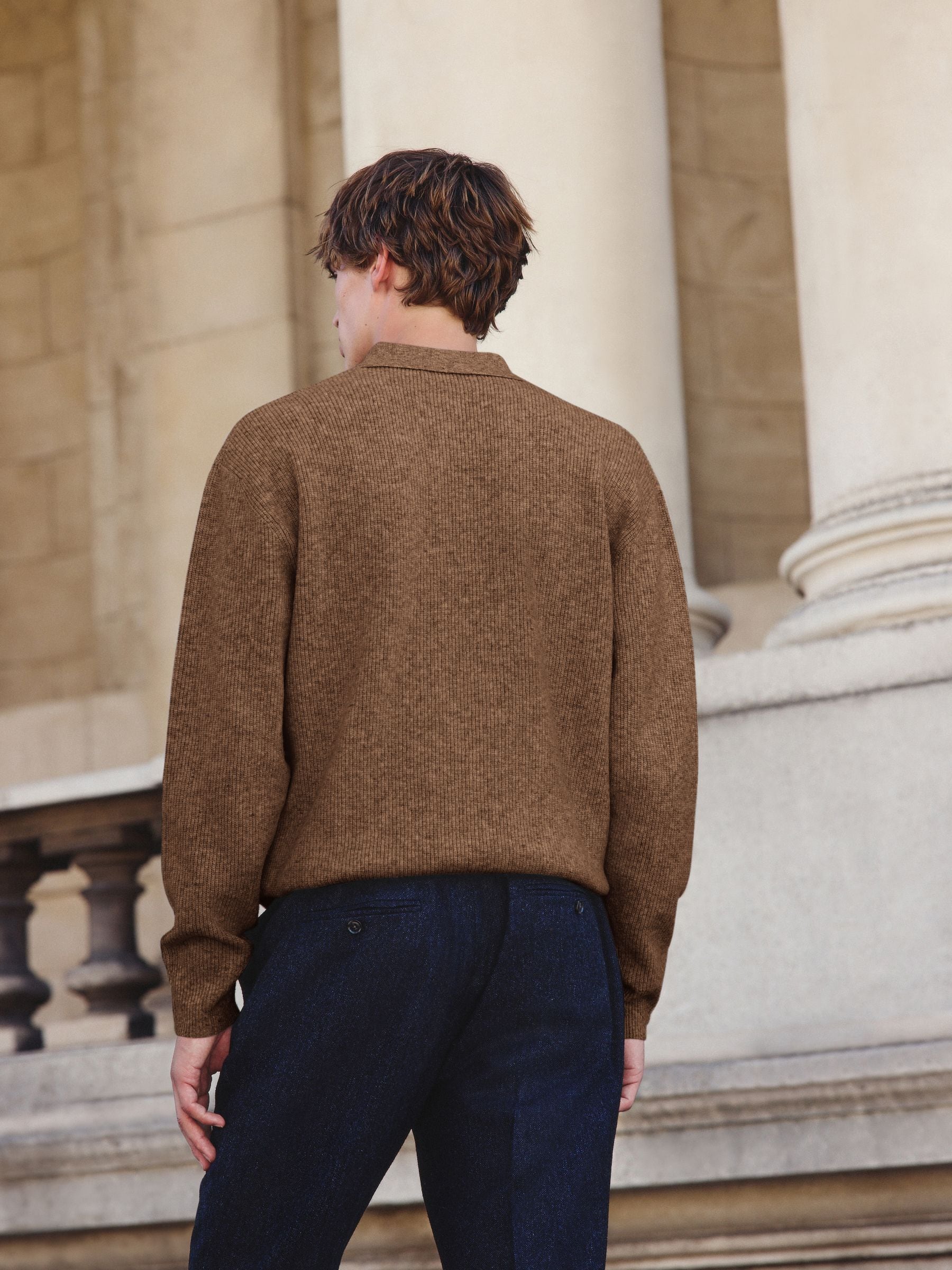 Lichtbruin - Regular-fit poloshirt met textuur, lange mouwen, wol en gebreid