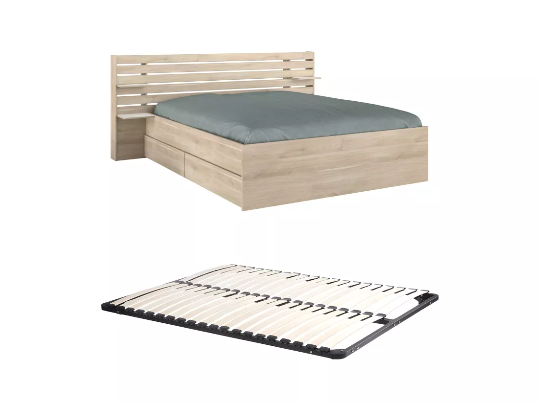 Lit 160 x 200 cm avec rangements - Coloris : Naturel + Sommier - TENALIA II
