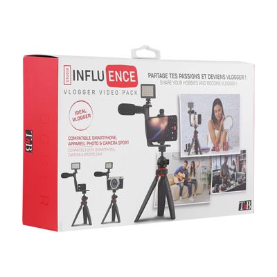T'nB Influence - Pack Vlogger vidéo avec mini-trépied, support smartphone, micro, projecteur LED et télécommande Bluetooth
