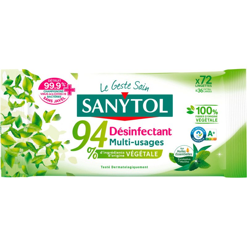 Lingettes désinfectantes multi-usages Sanytol 94 % végétal, eucalyptus et menthe - Paquet de 72