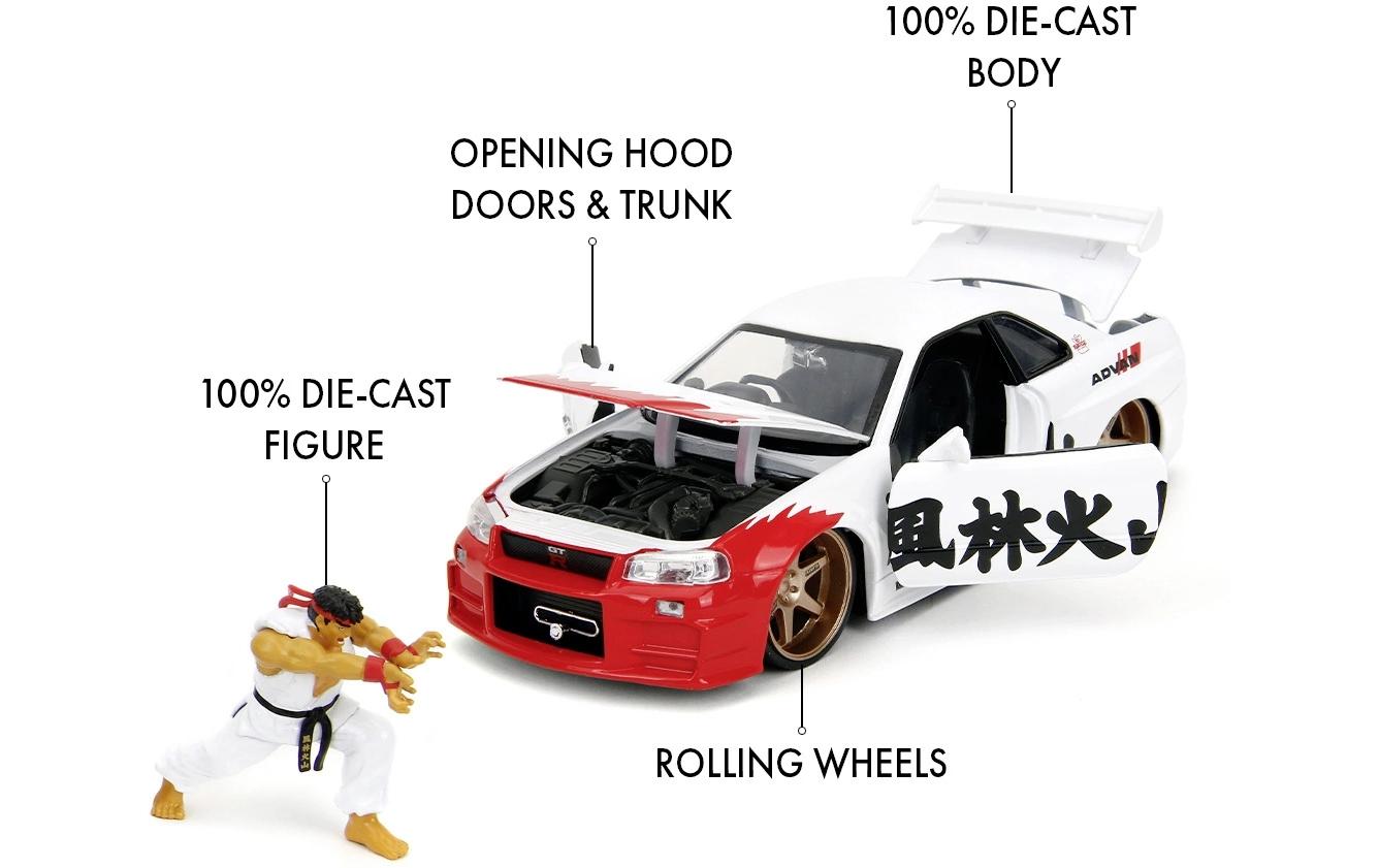Street Fighter Nissan Skyline GTR 1:24Street Fighter Figur Ryu & 2002er Nissan Skyline GT-R