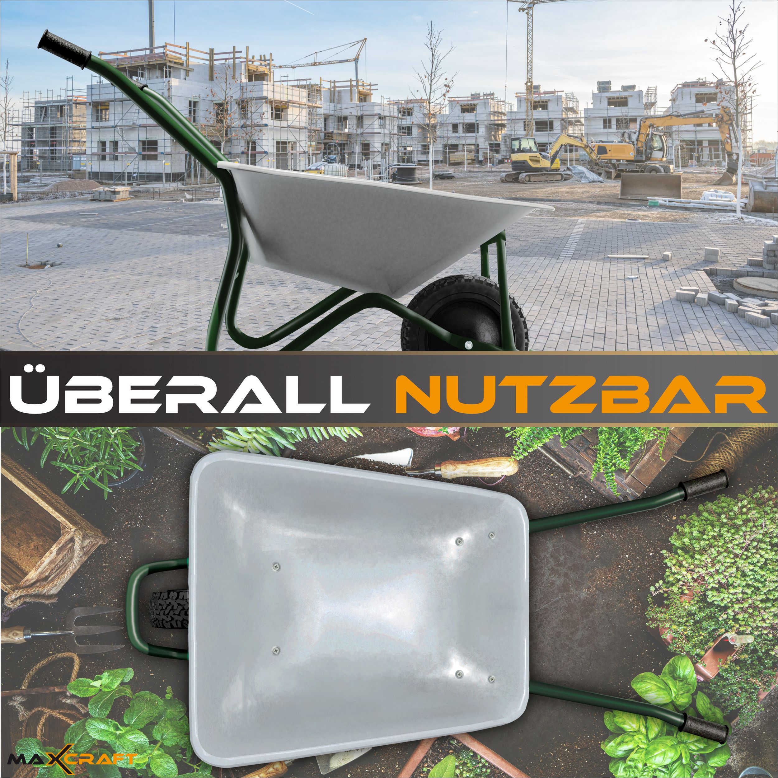 MAXCRAFT Schubkarre / Bauschubkarre Luftbereifung 250 kg 100 L - Grün