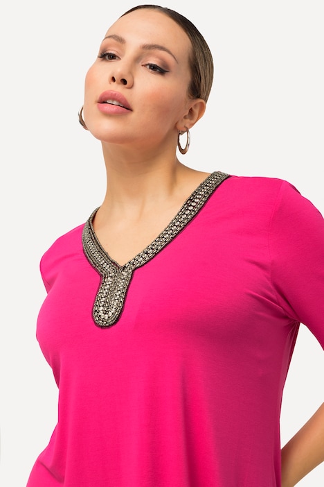 Shirt-Tunika, Perlen, A-Linie, Tunika-Ausschnitt, Halbarm