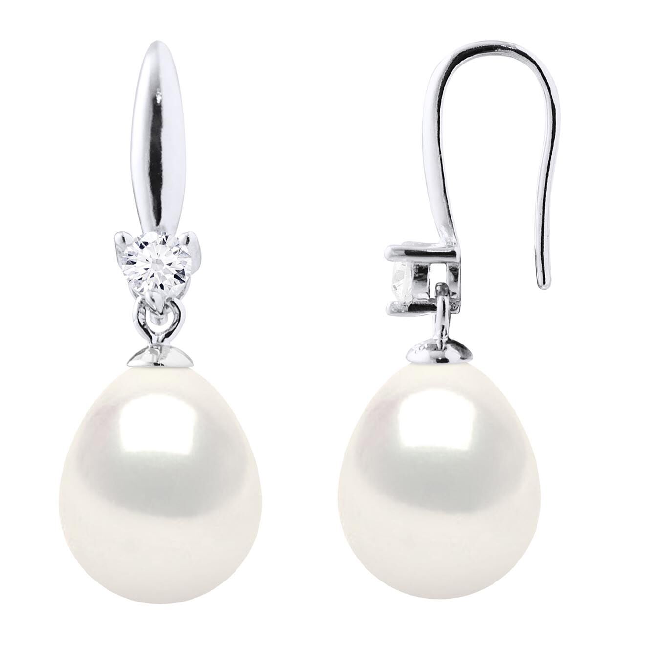 Mitzuko Boucles d'Oreilles Argent Rhodié, Zircone & Perles d'Eau Douce poires blanc naturel