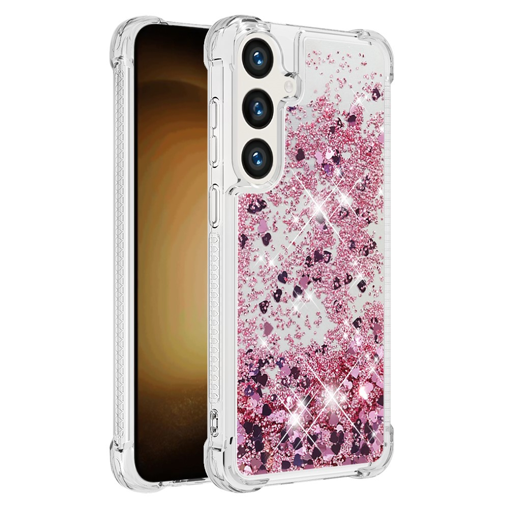 Samsung Galaxy S24  Plus Hardcase Hülle mit Air Cushion Fallschutz Liquid Case Glitzer Herzen - Pink / Transparent