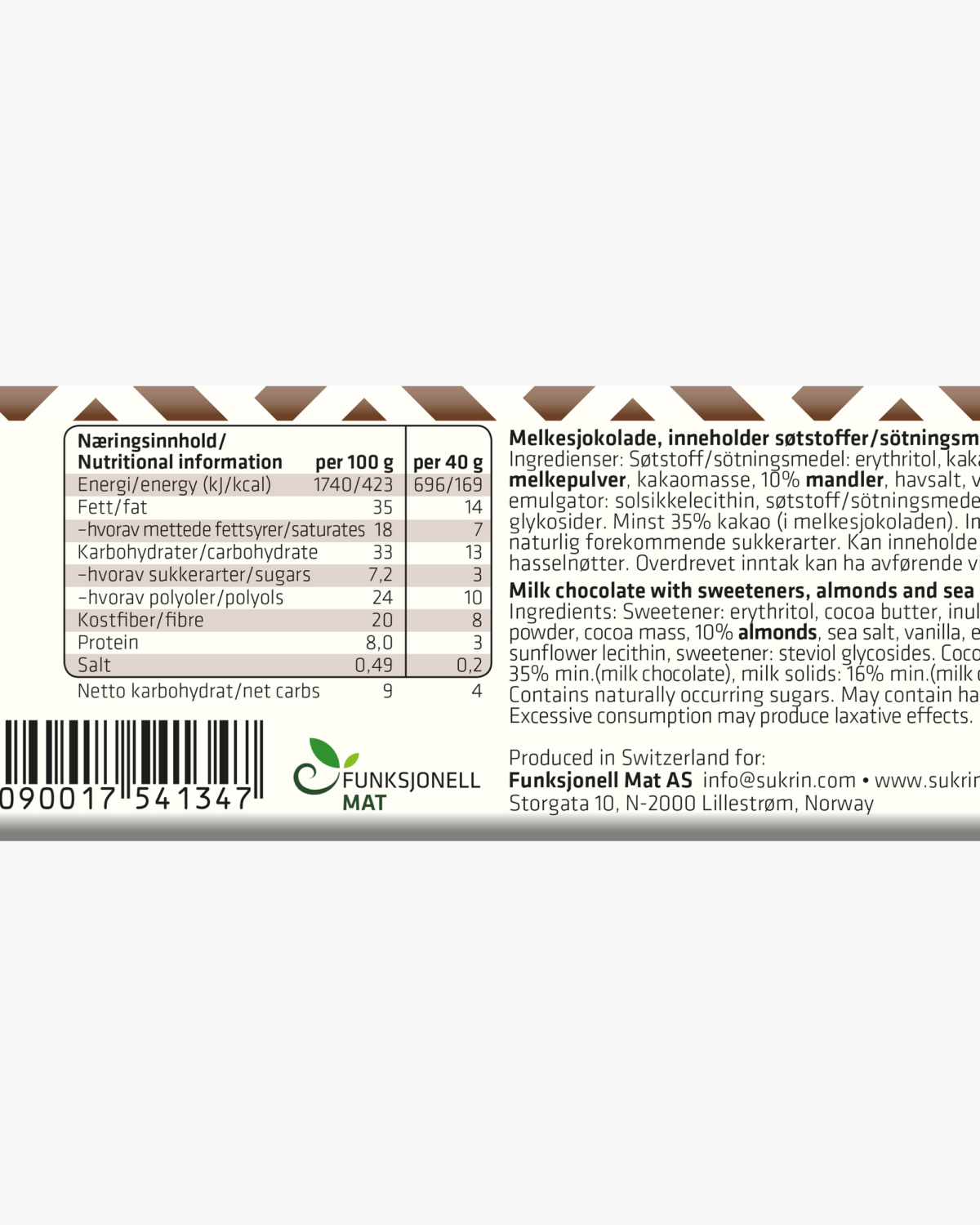 Funksjonell Mat Sukrin Melkesjokolade Mandler og Havsalt 40g