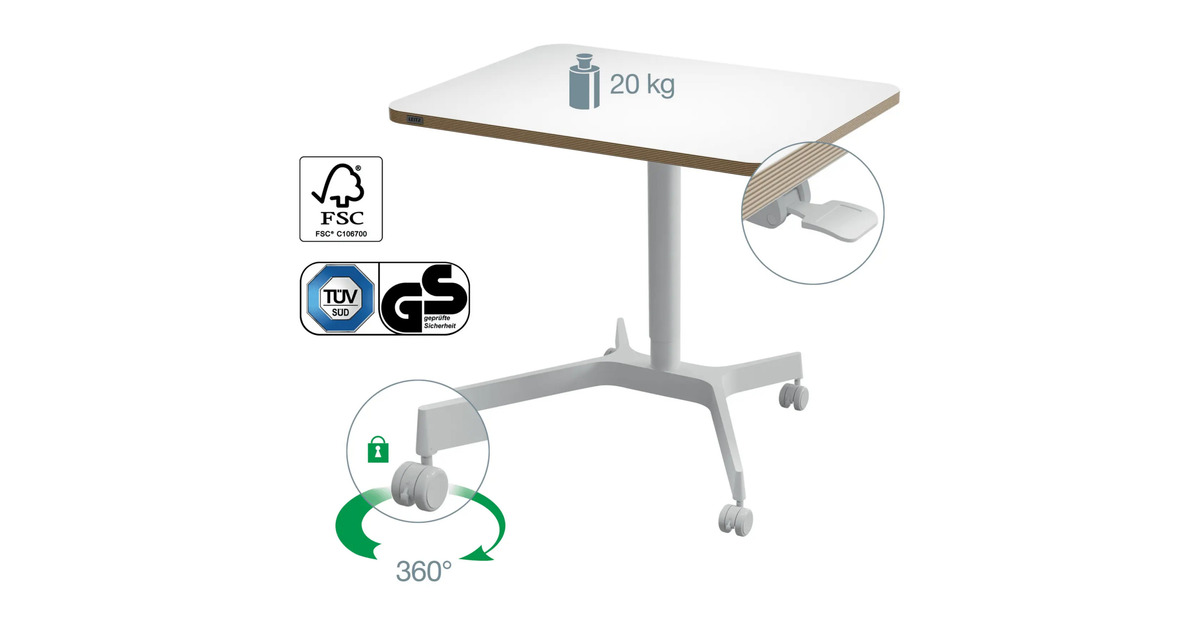 LeitzErgo Mobiel Zit-Sta Bureau (80x60 cm) tafel  (Wit)