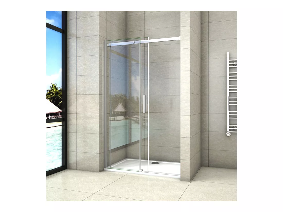 Porte de douche coulissante 140x195cm, porte de douche installée en niche, verre de sécurité anticalcaire 8mm, profilé chromé