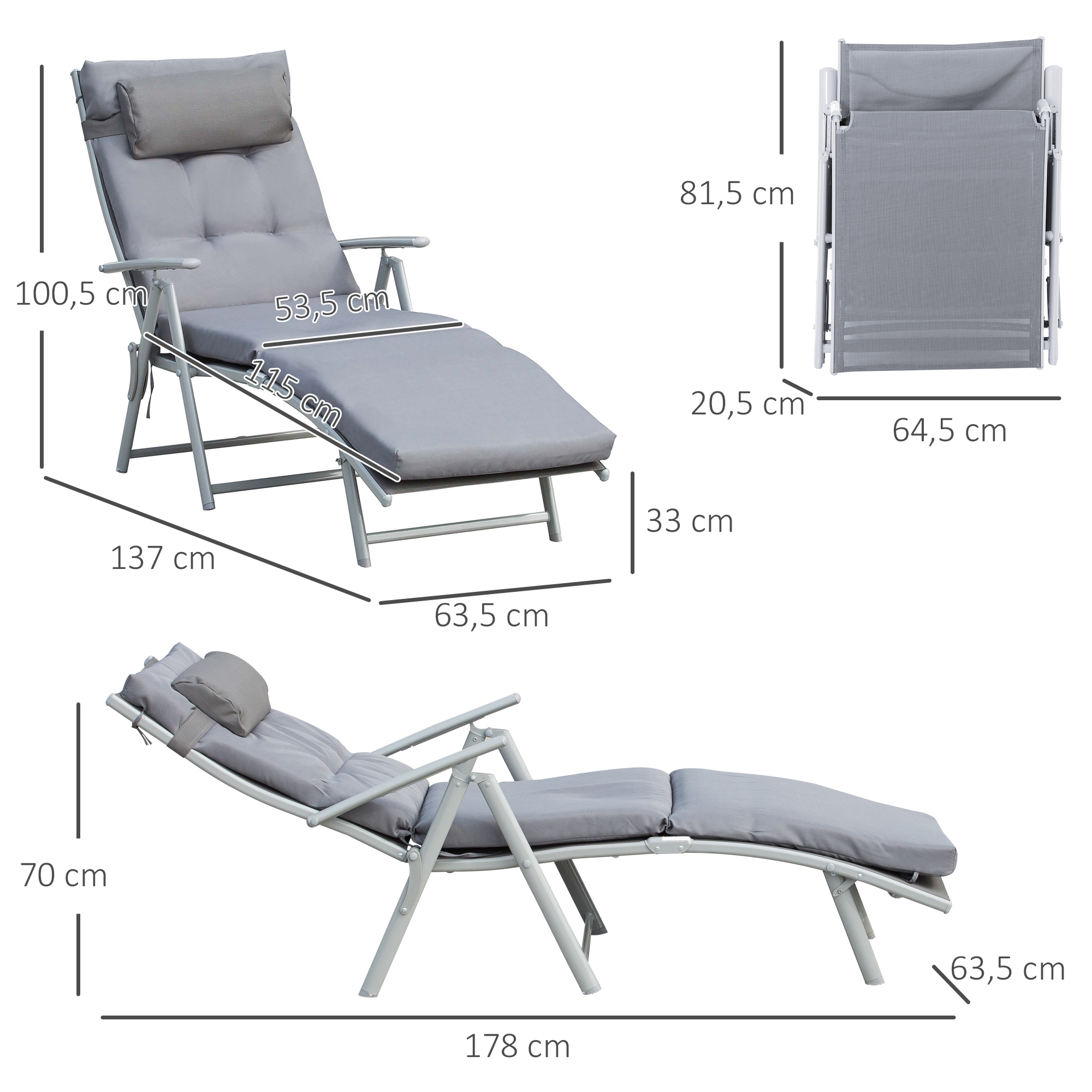 Espreguiçadeira dobrável Outsunny para jardim, com encosto ajustável em 7 posições, almofada para corpo inteiro e cabeça, ideal para pátio e piscina, suporta até 165 kg, dimensões 137 x 63,5 x 100,5 cm, cor cinza.