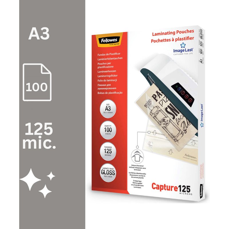 Pochettes de plastification Fellowes A3 2 x 125 µ brillantes - Boite de 100