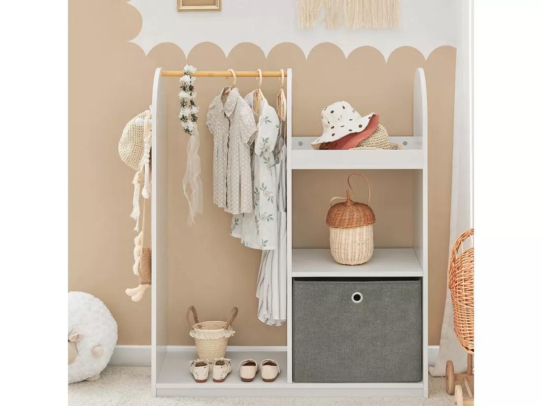 Portant Vêtements Chambre Enfant, Porte-vêtement, 3 Étagères, 1 Panier Et 3 Crochets, Kmb40-w