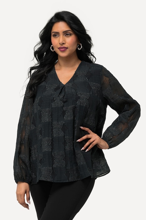 Bluse, doppellagig, V-Ausschnitt, transparenter Langarm