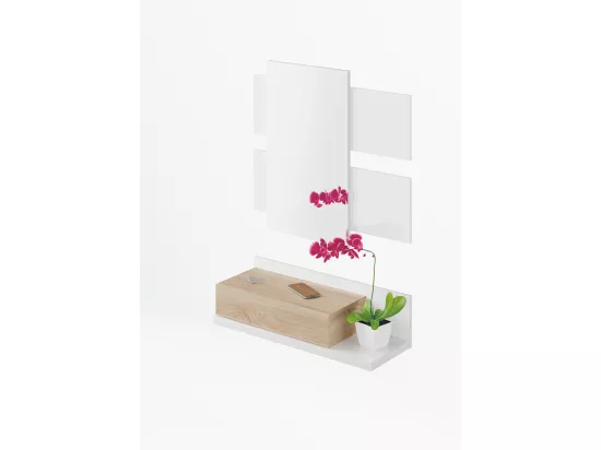 Meuble d'entrée avec miroir, coloris blanc Artik Mate / chêne canadien en mélamine - Dim : 20 x 75 x 29 cm