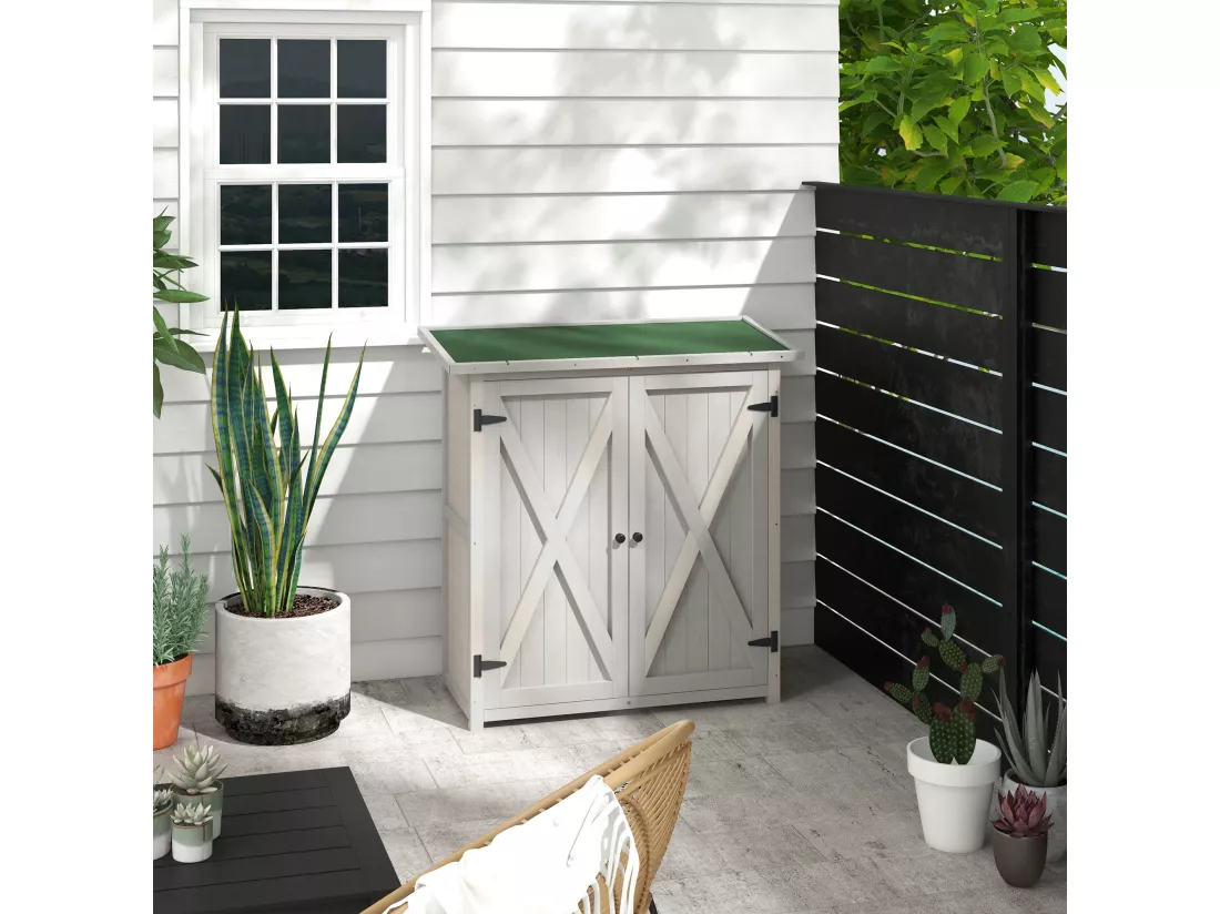 Abri de jardin armoire de jardin sur pied dim. 110L x 55l x 117H cm 2 étagères 2 portes toit bitumé bois sapin pré-huilé gris clair