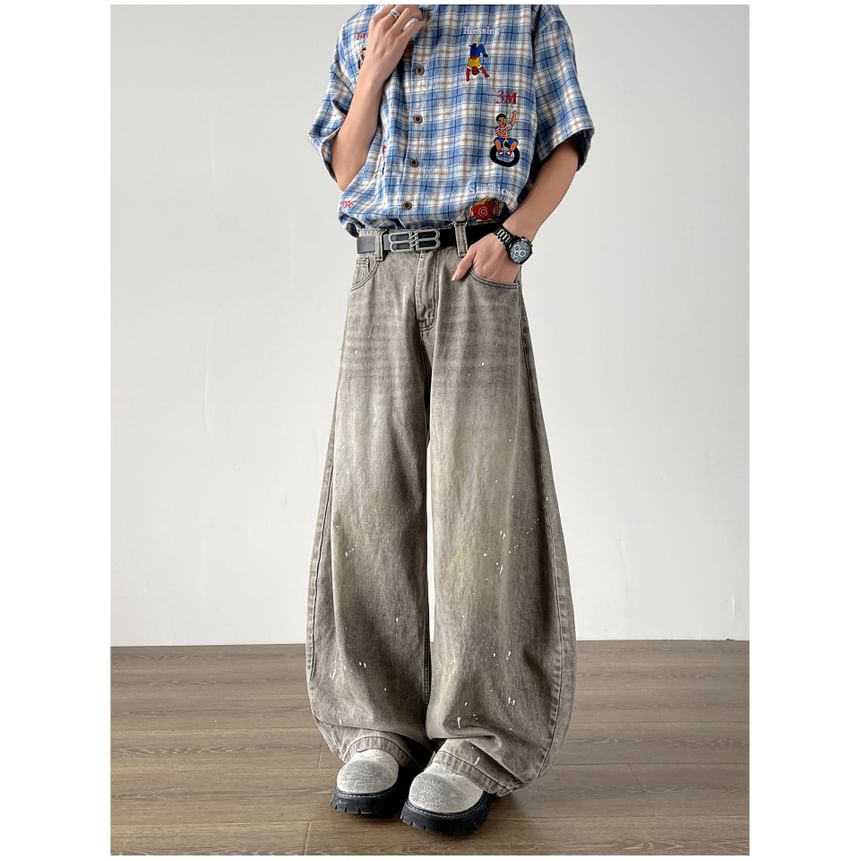 Filmas - Mid Rise Splash Print Washed Wide Leg Jeans