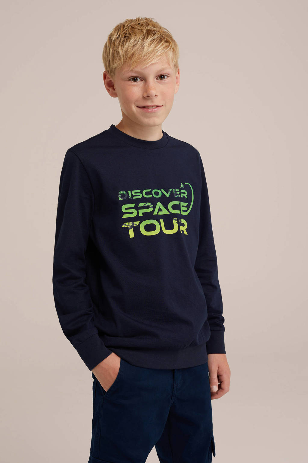 WE Fashion longsleeve met tekst donkerblauw