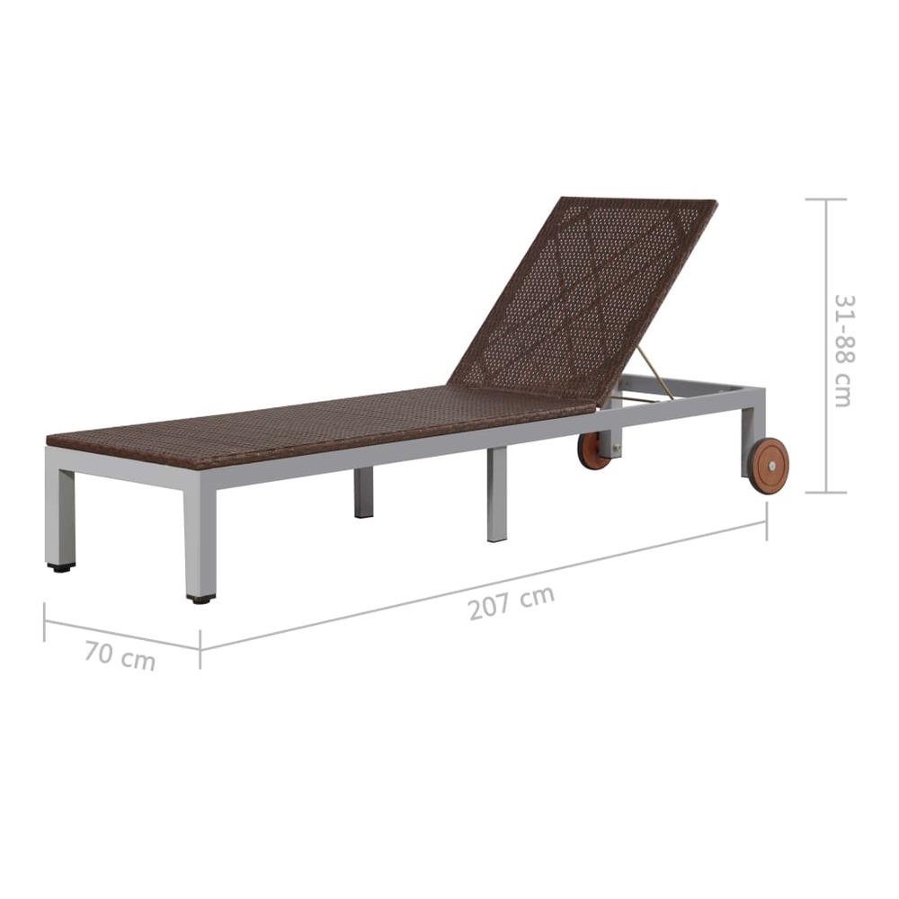 Transat chaise longue bain de soleil lit de jardin terrasse meuble d'extérieur avec roues résine tressée marron