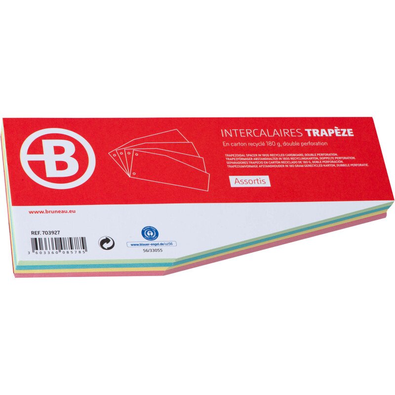 Intercalaires trapèze assortis perforés Bruneau carte recyclée - 105 x 240 mm - Paquet de 100