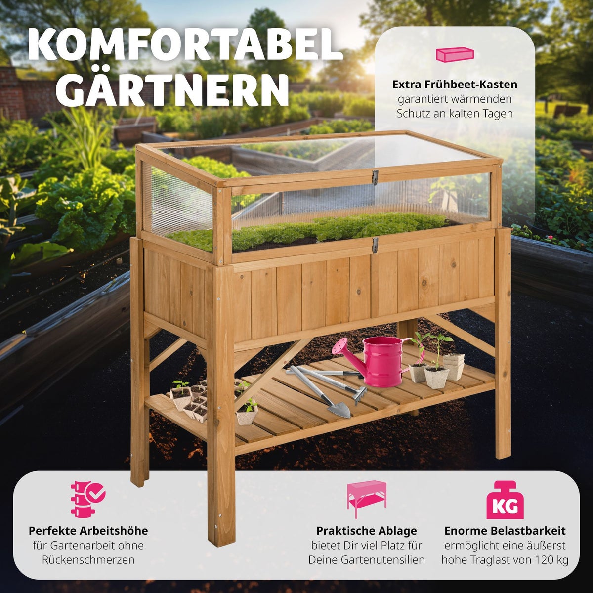 tectake houten verhoogde tuinbak met plank en kweekbakbevestiging, 119 x 53 x 124 cm