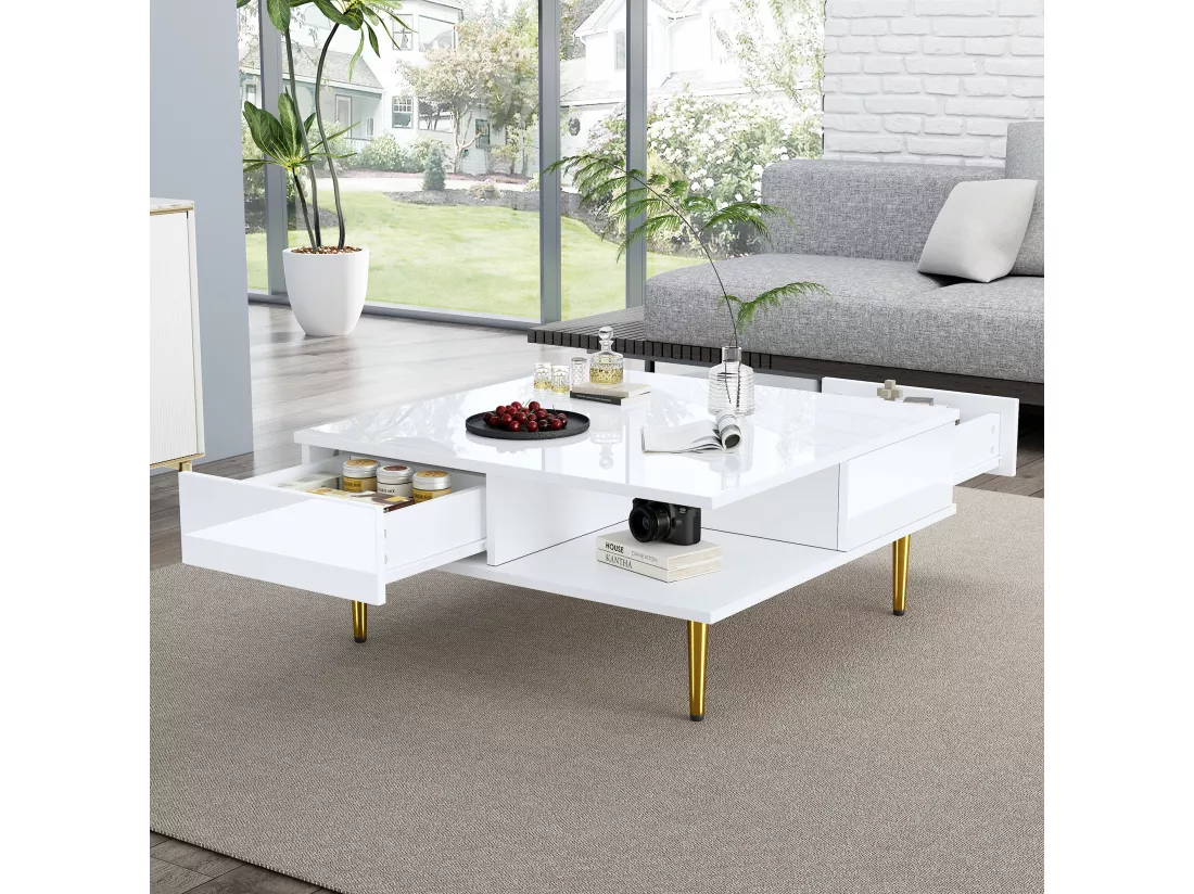 Table basse carrée avec 2 tiroirs et 2 compartiments ouverts - 70 x 70 x 36 cm - Pieds dorés - Blanc brillant