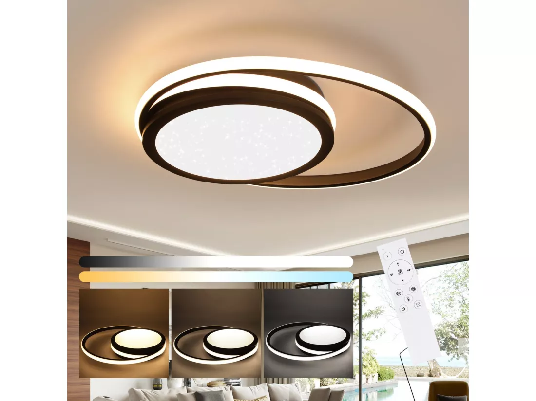 NETTLIFE Plafonnier LED salon dimmable avec télécommande noir 56 W LED intégré en permanence