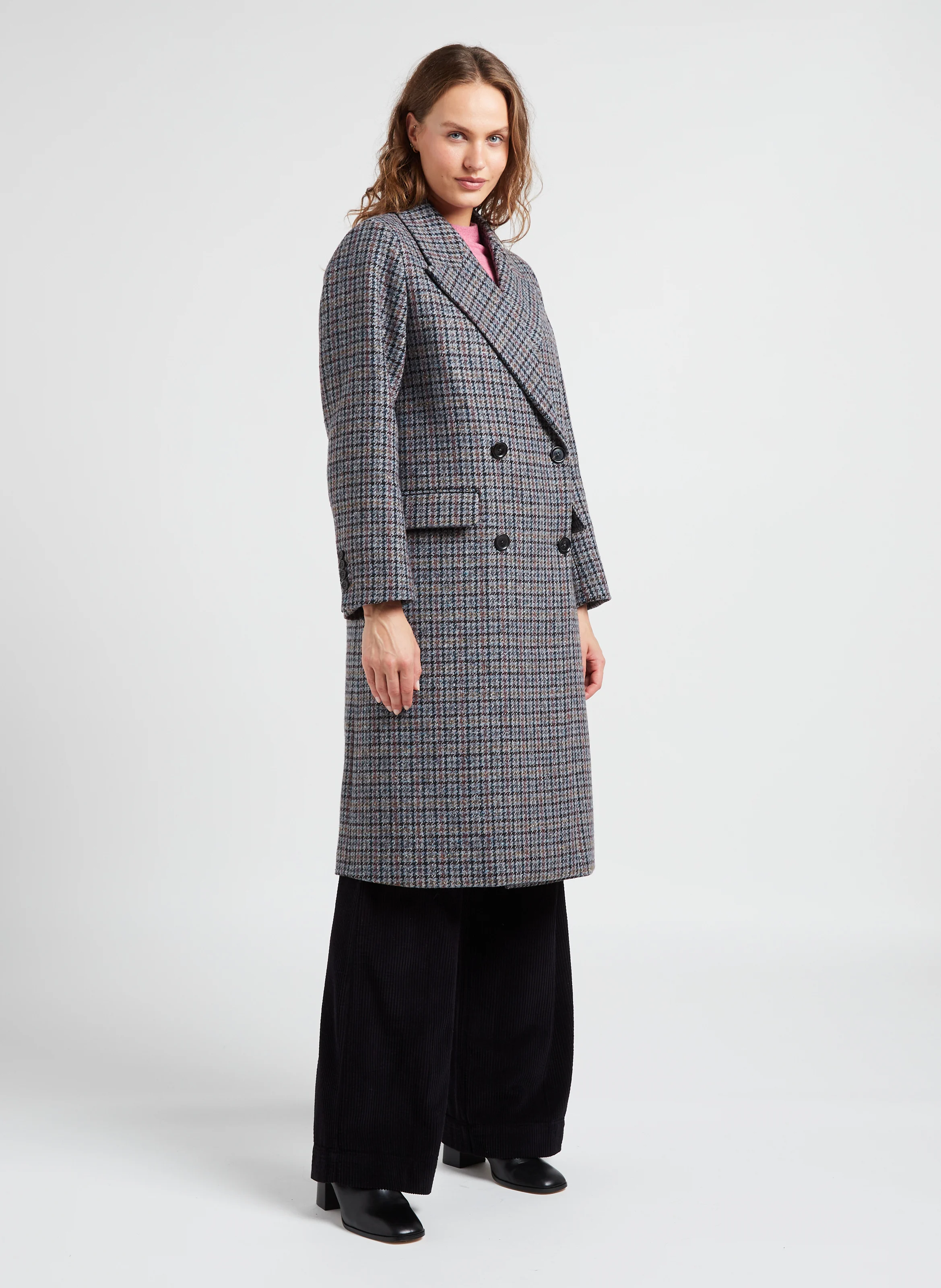 RODEZ - Manteau long col tailleur à carreaux en laine mélangée | Bleu