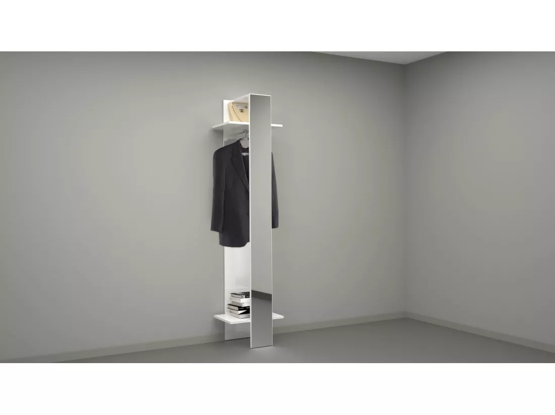 Meuble d'entrée Violantino, Armoire multifonctionnelle, Cintre mural avec miroir, 50x35h190 cm, Blanc